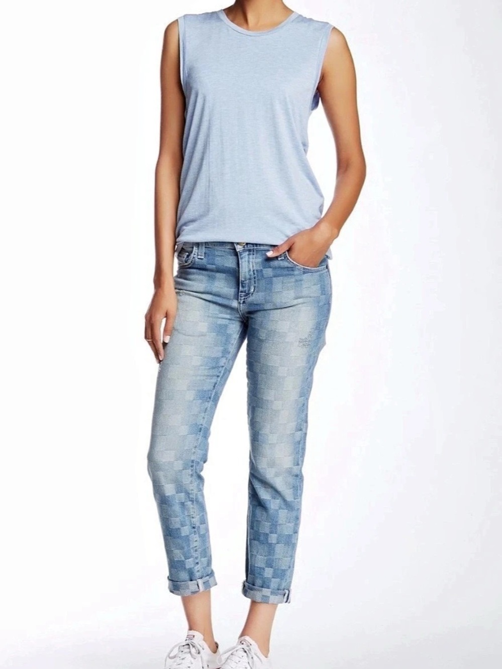 Current/Elliott The Fling Slim Boyfriend Crop Straight Checkered Jeans Women 27